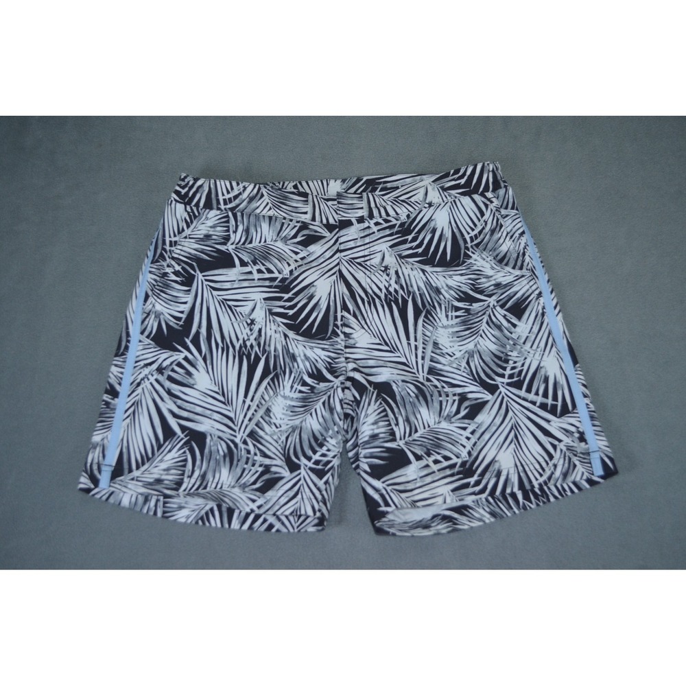 Fair Harbor Black & White Palm-Print Swim Trunks with Side Stripe